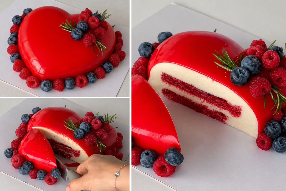 Entremets cœur sous glaçage miroir